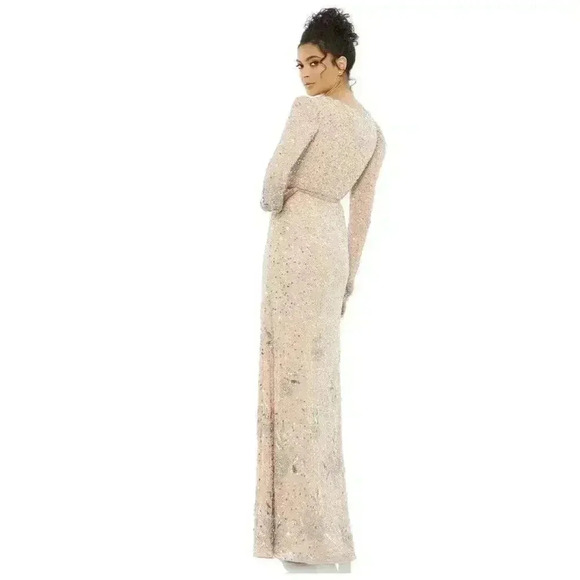 MAC DUGGAL SEQUINED FLORAL EMBELLISHED LONG SLEEVE GOWN 14 Puff Shoulder Dress L - Picture 2 of 11